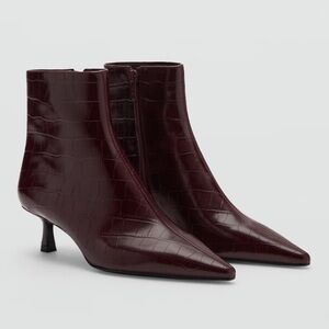 Croc Embossed Kitten Heel Boot in Burgundy by MANGO NWT Sz 6.5